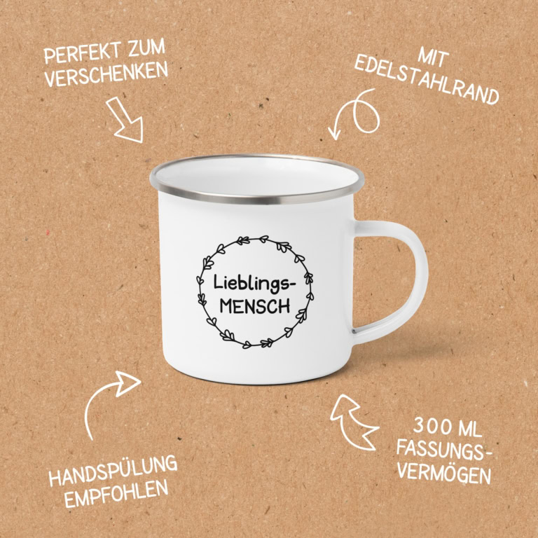 15141008-informationen-merkmale Emailletasse Lieblingsmensch - Kranz