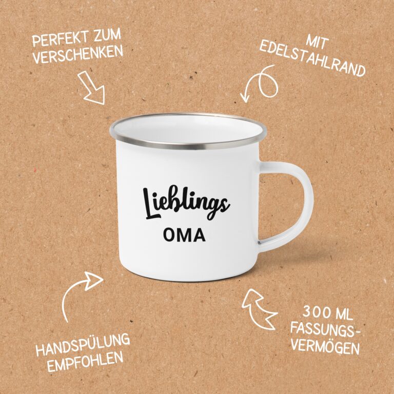 15141015-informationen-merkmale Emailletasse Lieblingsoma - Script